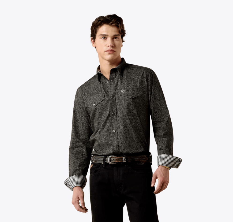 Wrinkle Free Braven Fitted Snap Shirt - Black Textured Print
