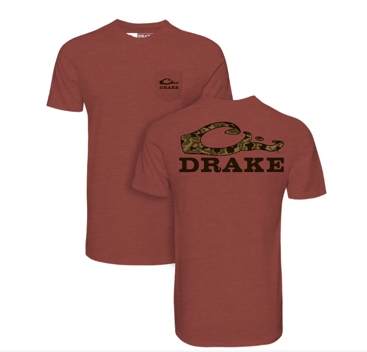 Drake Stacked Logo Old School T SS - Barn Red Light Heather