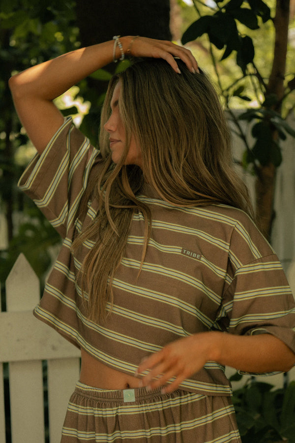 Striped Boxy Tee - Way Down South Tan Lines