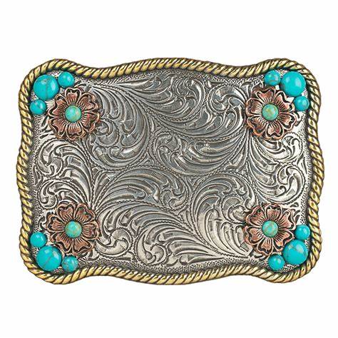 Flower Accent w Turquoise Stones Belt Buckle