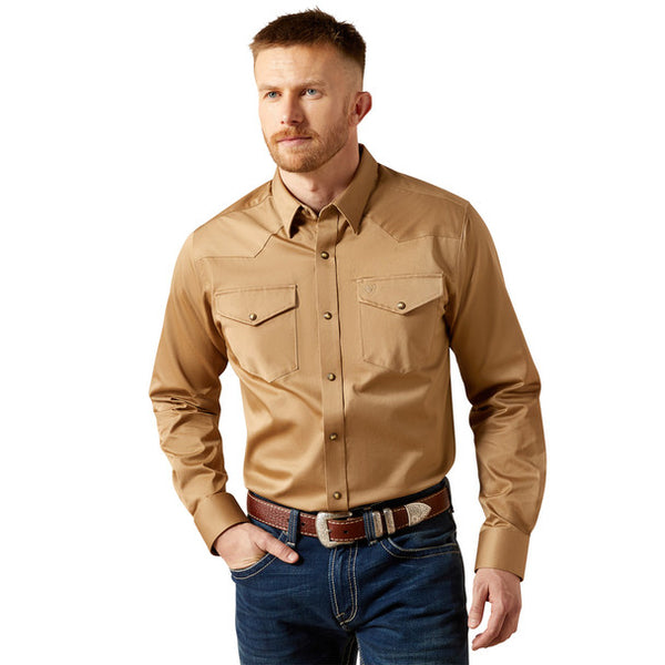 Solid Twill Fitted Khaki Shirt