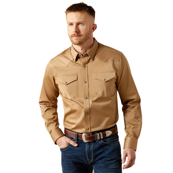 Solid Twill Fitted Khaki Shirt