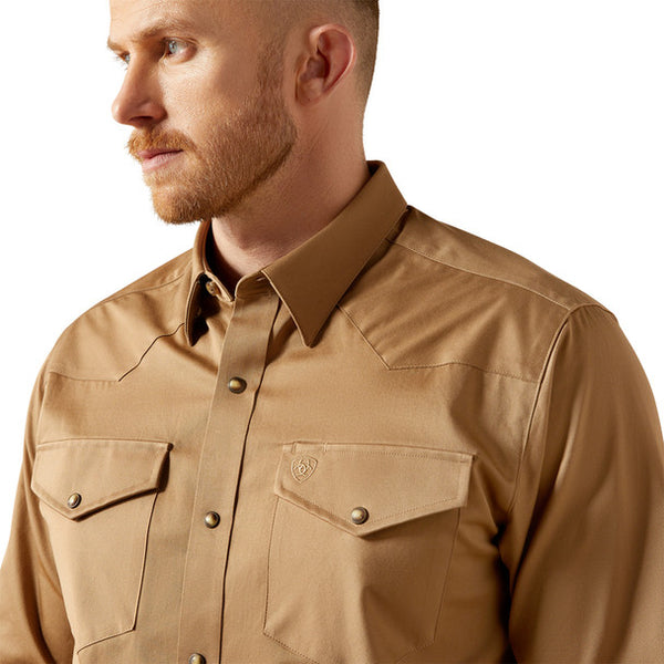 Solid Twill Fitted Khaki Shirt