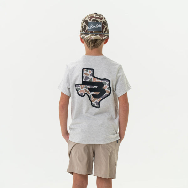 Youth Short Sleeve Tee - Texas Camo Flying B Logo - Heather Ash Grey