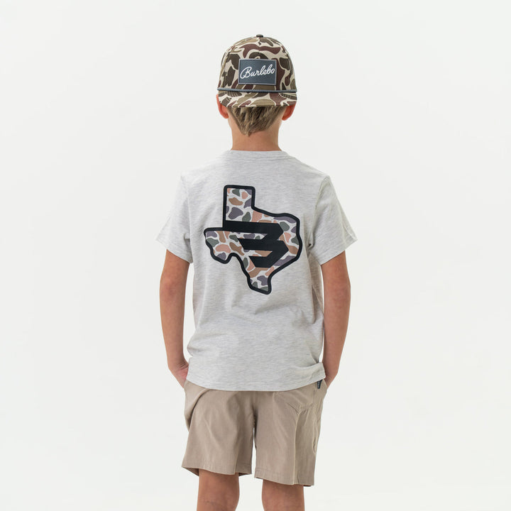 Youth Short Sleeve Tee - Texas Camo Flying B Logo - Heather Ash Grey