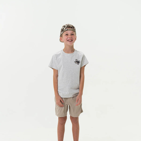 Youth Short Sleeve Tee - Texas Camo Flying B Logo - Heather Ash Grey