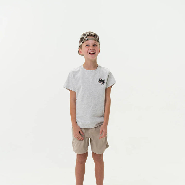 Youth Short Sleeve Tee - Texas Camo Flying B Logo - Heather Ash Grey