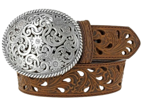 Tony Lama Ladies Bark Pierced Filigree Trophy Belt