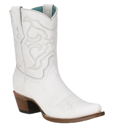 Ladies Embroidered Stitch White Ankle Snip Toe Boot