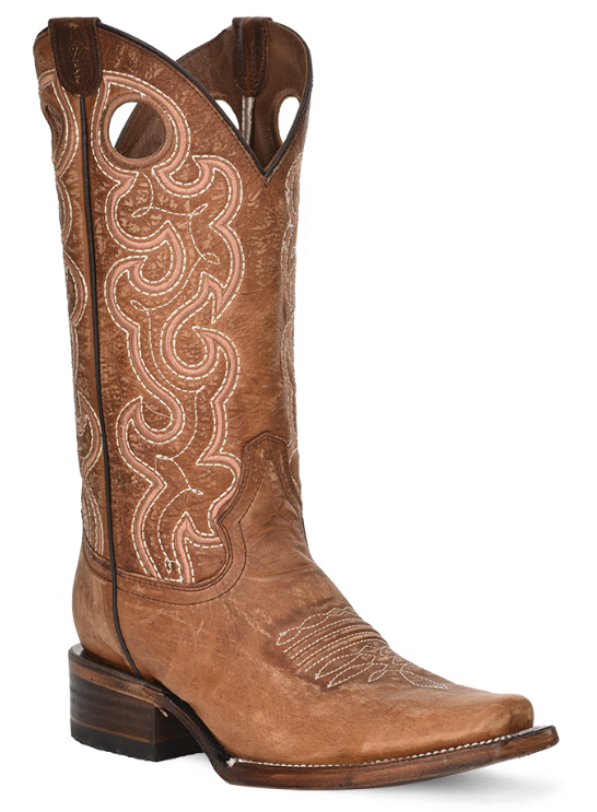 Ladies Cognac Cutout & Embroidered Square Toe Boot