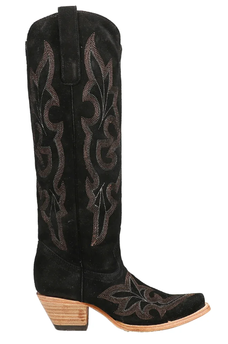 Suede Tooled-Inlay Tall Snip Toe Cowboy Boots