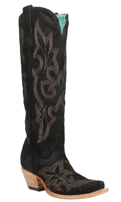 Suede Tooled-Inlay Tall Snip Toe Cowboy Boots