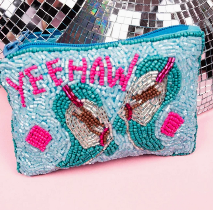 Turquoise and Pink 'yeehaw' Seed Bead Coin Purse