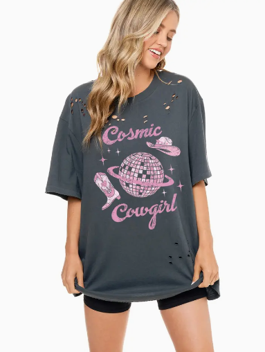 Cosmic Cowgirl Oversized Distressed Tee - Slate