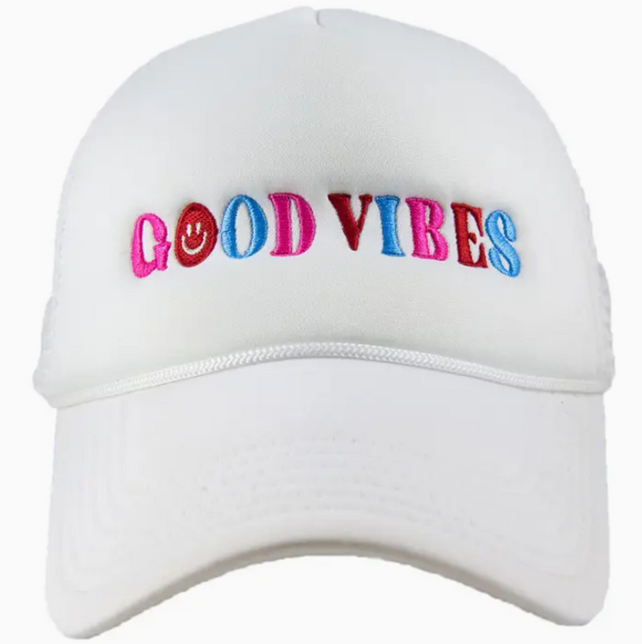 Happy Good Vibes Foam Trucker Hat - White