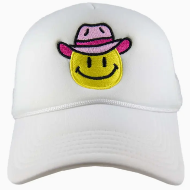 Happy Face Cowboy Foam Trucker Hat - White