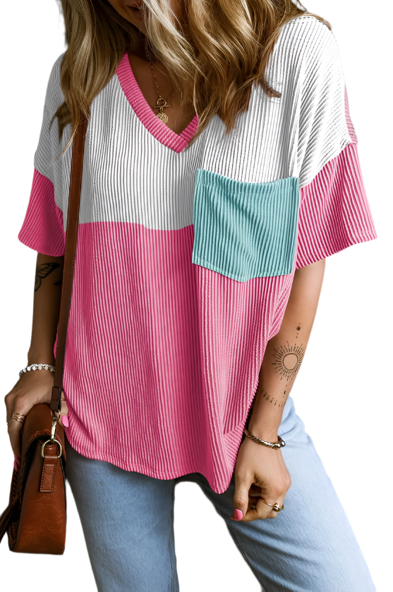 Block Patch Pocket Corded V Neck Tee