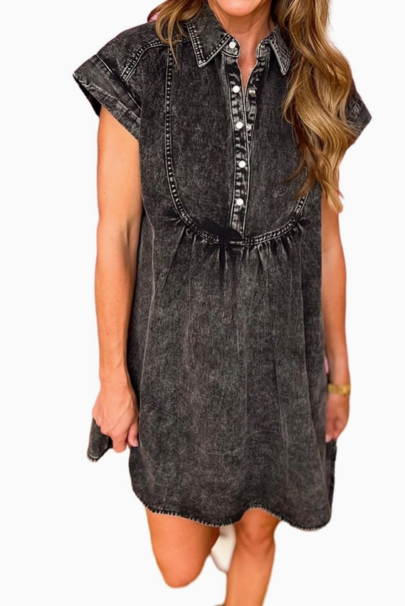 Button Front Collared Short Sleeve Denim Dress - Black