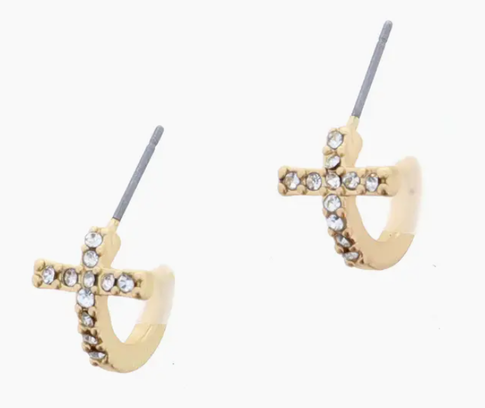 Clear Crystal Embedded Cross Huggie Earring