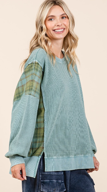 Plaid Panel Mineral Wash Terry Sweatshirt