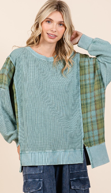 Plaid Panel Mineral Wash Terry Sweatshirt