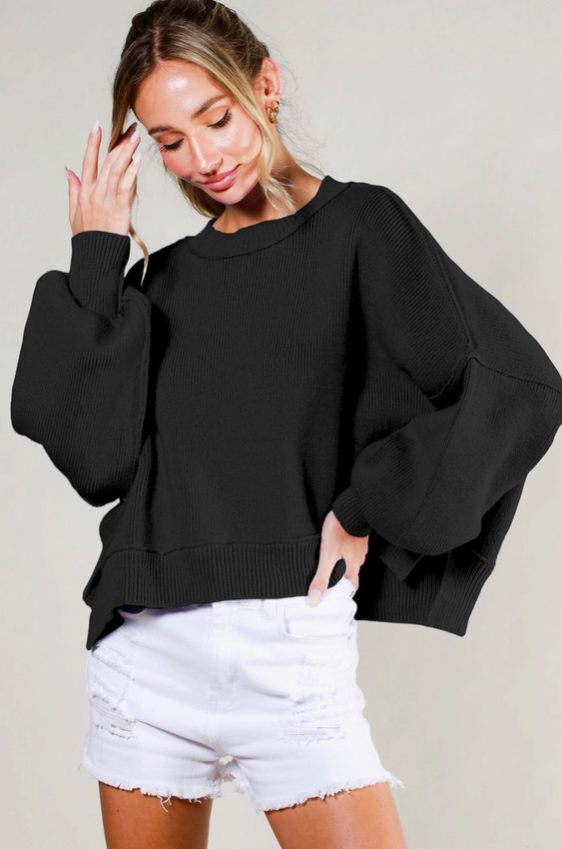 Crew Neck Long Balloon Sleeve Knitted Sweater Top - Black