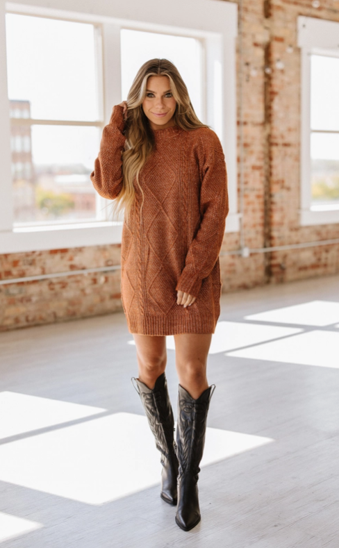 Ashley Cable Knit Sweater Dress - Coffee Ashley Cable Knit Sweater Dress - Coffee