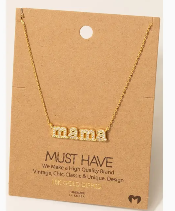 Gold Dipped Pave Mama Pendant Necklace - Gold