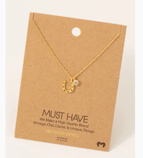Gold Dipped Horse Shoe and Charm Necklace - Gold