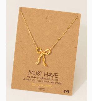 Gold Dipped Long Ribbon Bow Pendant Necklace