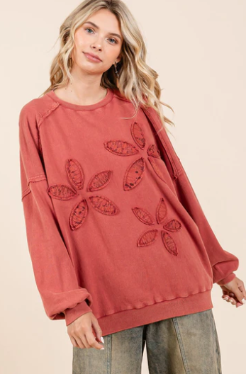 Vintage Flower Patch Mineral Wash Pullover - Rust