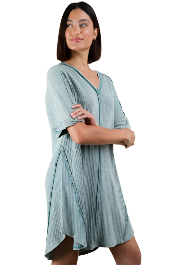 Mineral Washed Ribbed Knit Shift Mini Dress - Sage Mineral Washed Ribbed Knit Shift Mini Dress - Sage