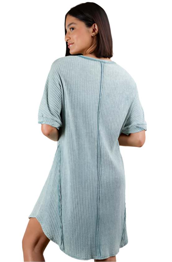 Mineral Washed Ribbed Knit Shift Mini Dress - Sage