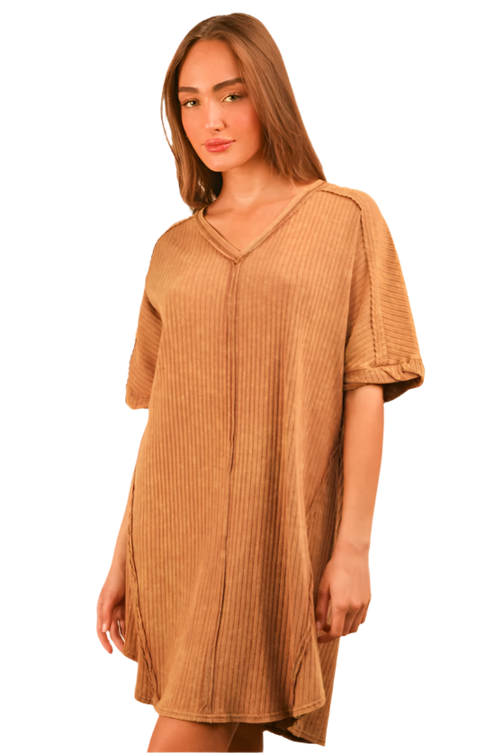 Mineral Washed Ribbed Knit Shift Mini Dress - Mocha