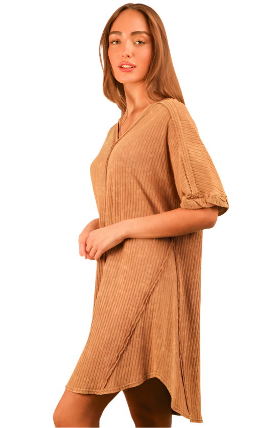 Mineral Washed Ribbed Knit Shift Mini Dress - Mocha