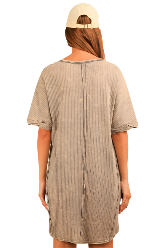 Mineral Washed Ribbed Knit Shift Mini Dress - Denim
