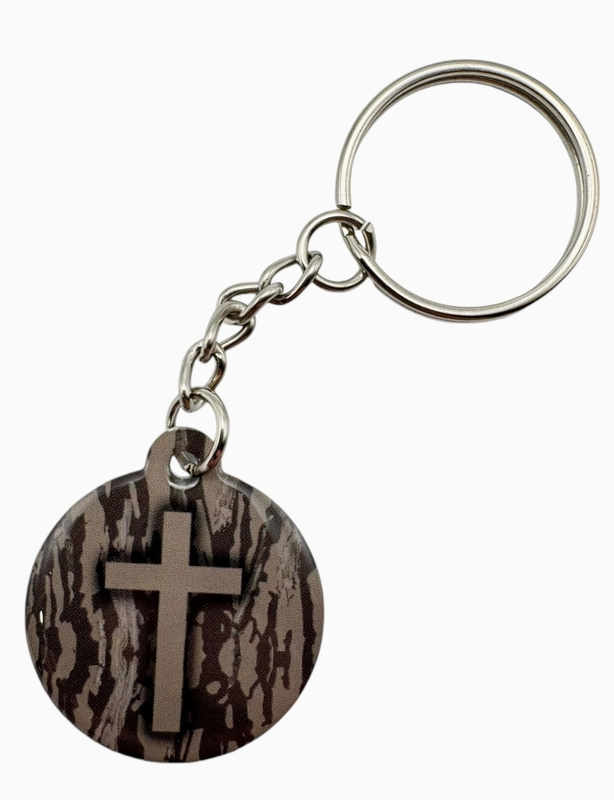 Tap To Pray™ - Prayer Tag Keychains - Tree Bark Camo + Cross