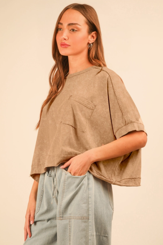 Mineral Washed Oversized Pocket Tee - Taupe