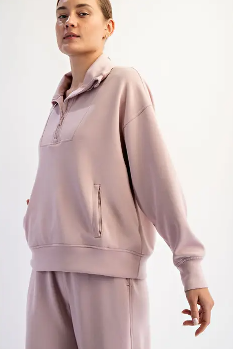 Modal Scuba Quarter Zip Funnel Neck Pullover - Mauve