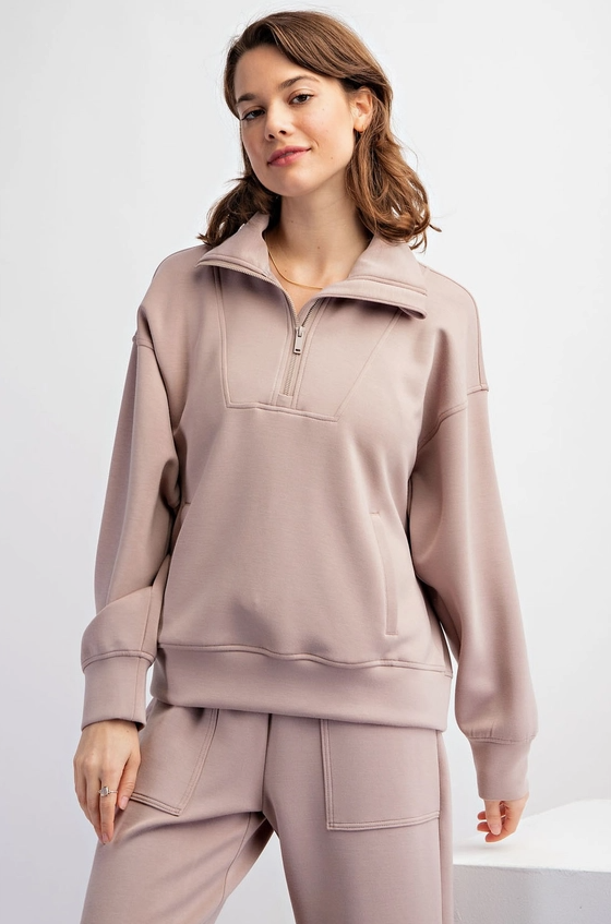 Modal Scuba Quarter Zip Funnel Neck Pullover - Mauve