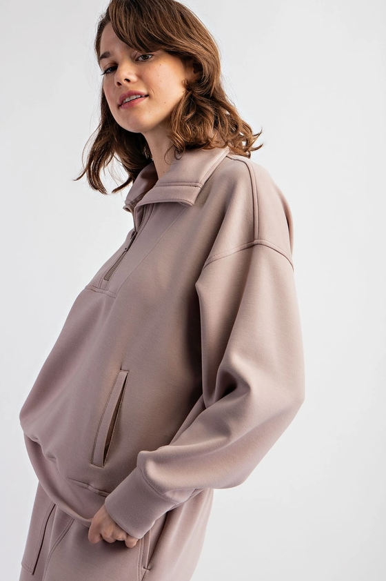 Modal Scuba Quarter Zip Funnel Neck Pullover - Mauve
