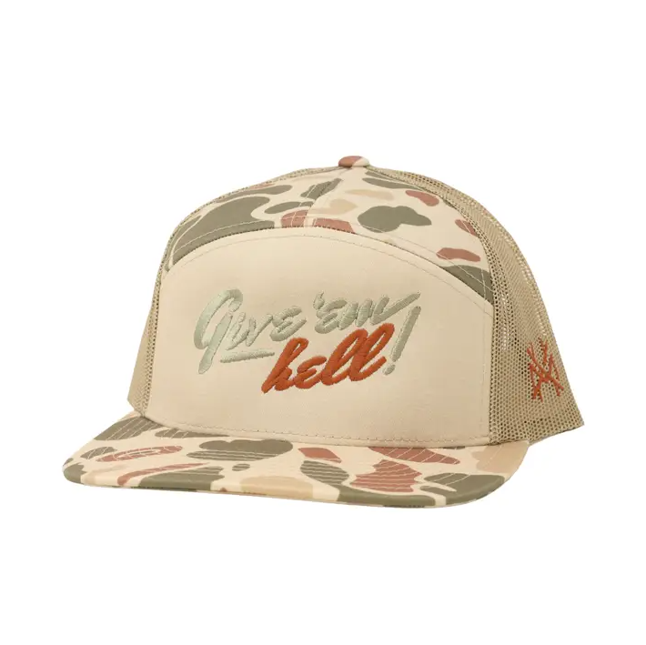 Give Em' Hell Trucker Hat - Harvest Camo & Tan
