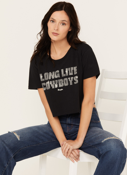 Wrangler Women's Long Live Cowboys Short Sleeve Graphic Cropped Tee