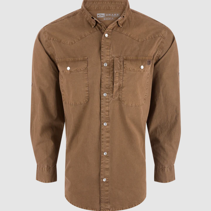Cinco Ranch Western Solid Acid Wash Long Sleeve Shirt - Chocolate Chip