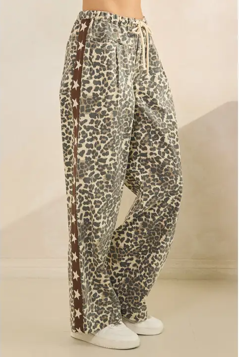 Leopard Printed Striped Wide Legged Pants - White Star