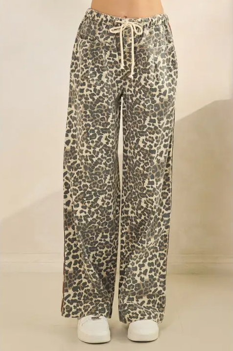 Leopard Printed Striped Wide Legged Pants - White Star