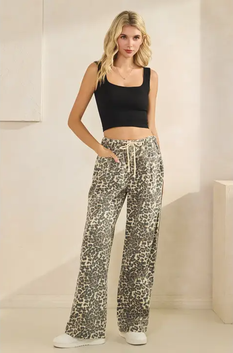 Leopard Printed Striped Wide Legged Pants - White Star
