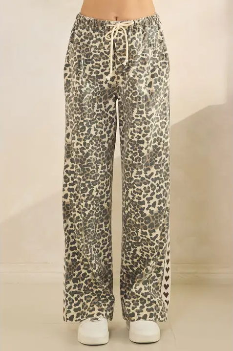 Leopard Printed Striped Wide Legged Pants - Brown Heart