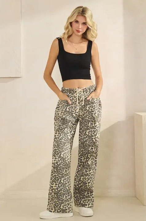 Leopard Printed Striped Wide Legged Pants - Brown Heart