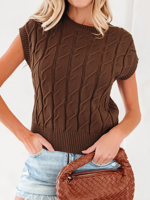 Cable Knit Textured Crew Neck Sweater - Dark Brown
